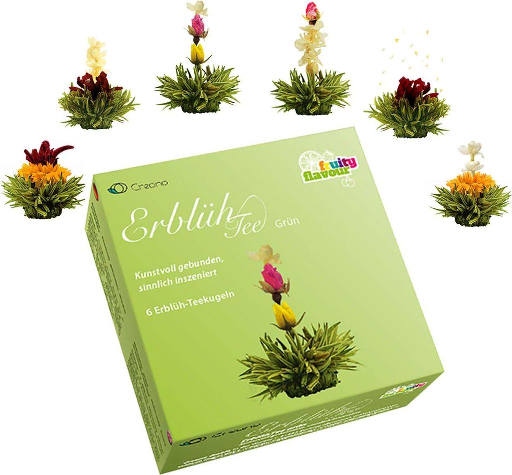 Creano Teeblumen Mix – Erblühtee Fruity Flavor zum Probieren - grüner Tee fruchtig aromatisiert (6 verschiedene Sorten Teerosen) Blooming Tea T...