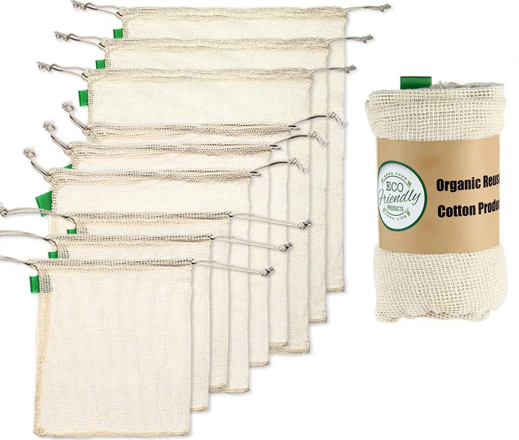 10 Stück Obst & Gemüse Netztaschen - Wiederverwendbare Kordelzug-Beutel (Grün)