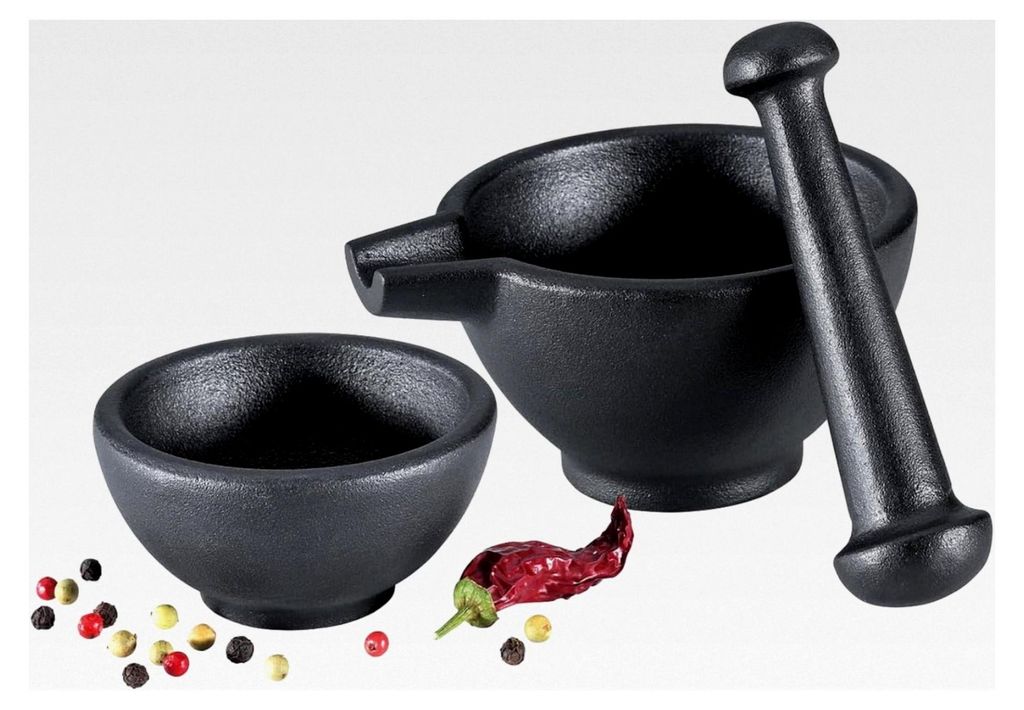 Mörser-Set aus Gusseisen, 3-teilig, Maße: H: 10 cm, D: 6 cm, Schwarz