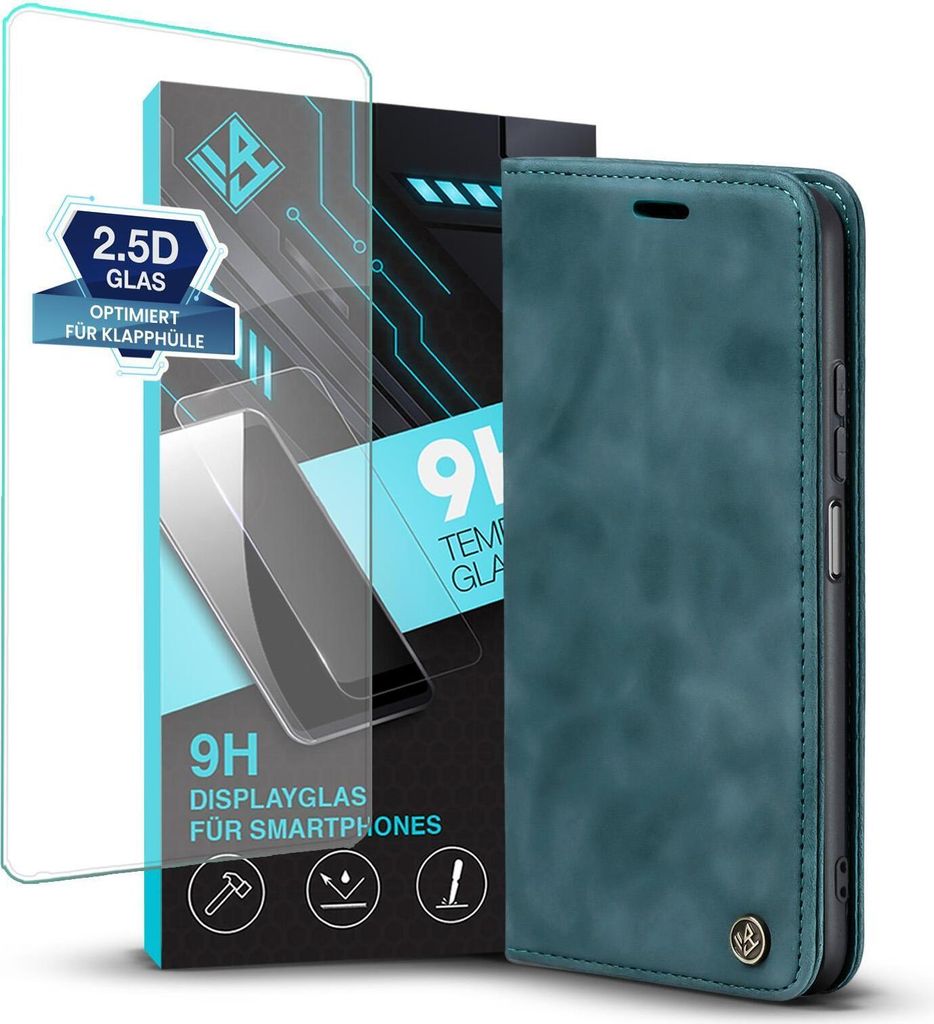 Handy Hülle für Xiaomi 11T / 11T Pro mit 9H Displayglas Klapphülle Bookcase Flip Cover Handy Tasche Etui Farbe: Petrol
