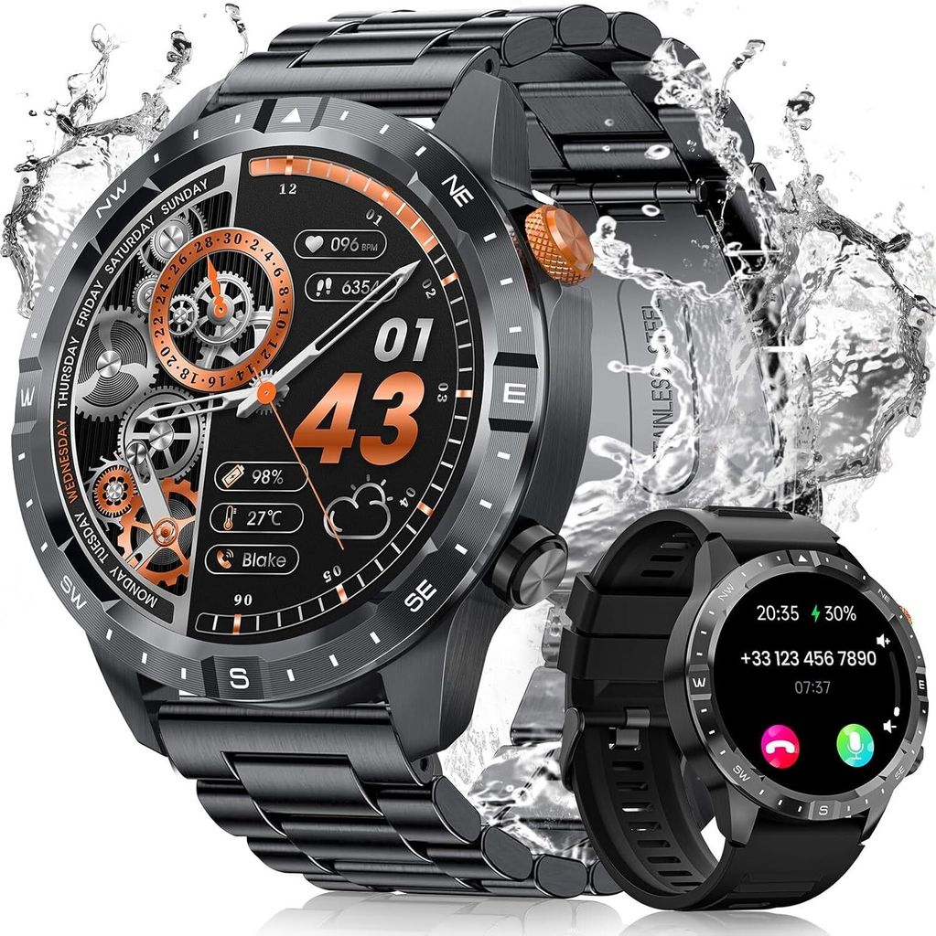 Herren's Telefonfunktion Fitness-Tracker Uhr mit Anruffunktion Fitnessuhr mit Telefonfunktion AMOLED-Display mit 70+ Sportmodi Herzfrequenz, SpO2