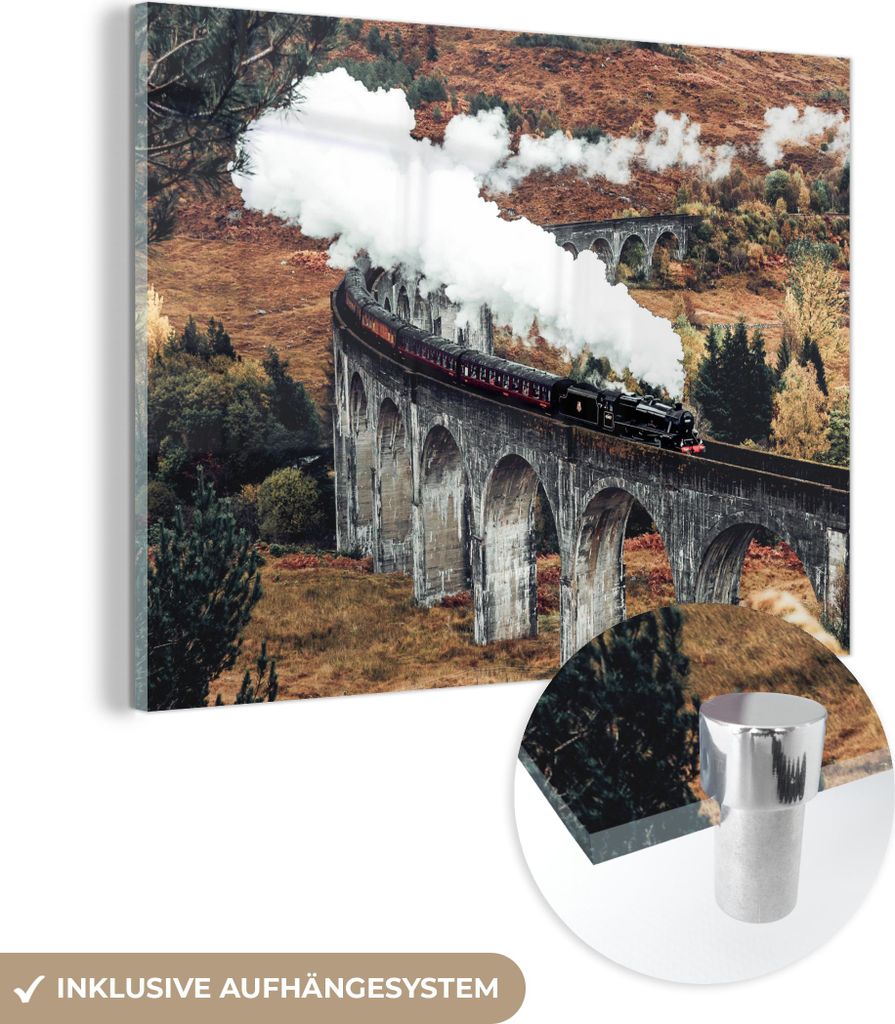 MuchoWow Glasbilder - Bilder auf Wandbild - Foto auf Glas Zug - Natur - Herbst - Architektur 40x30 cm Wanddekoration aus Glas - Acrylglasbild - Acr...