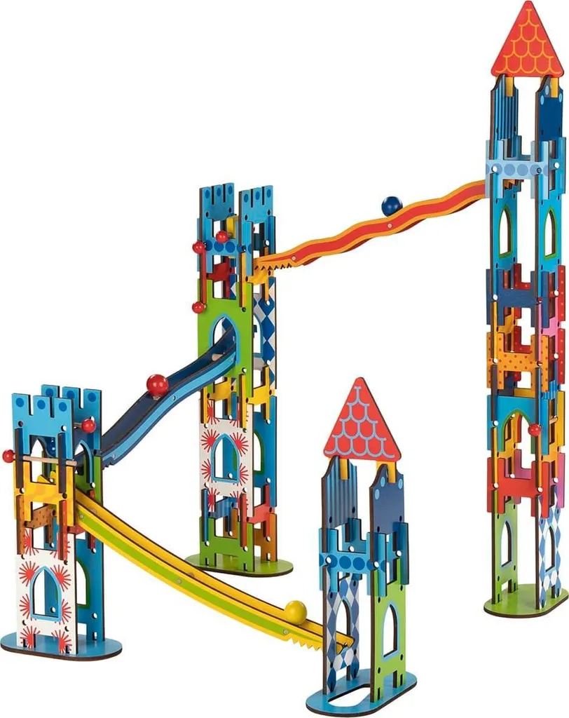 Circuit de billes château fort en bois pour enfant Goki de 79 pièces