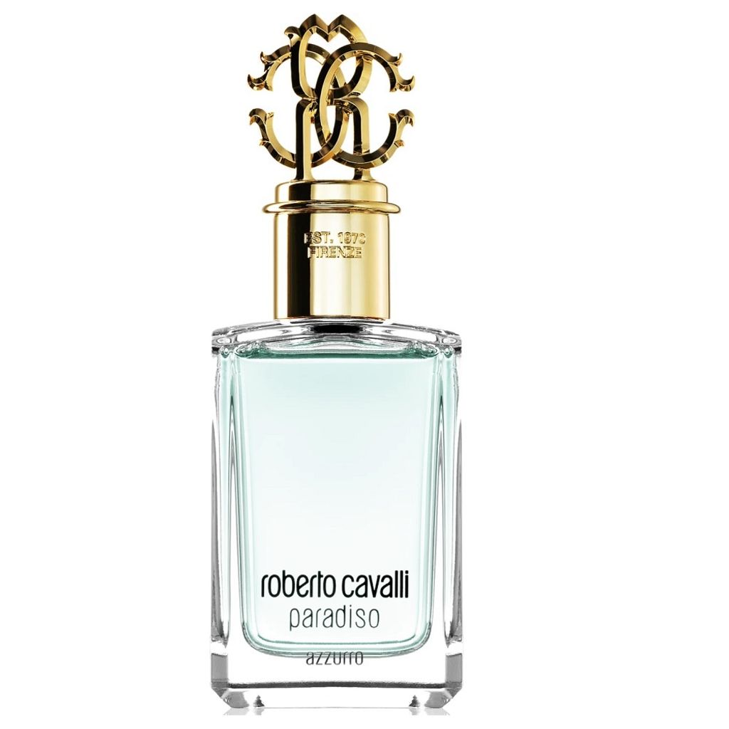 A bottle of Roberto Cavalli Paradiso Azzurro EDP perfume.