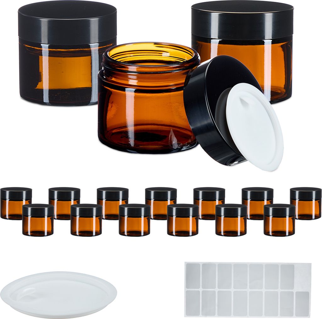 Relaxdays Salbentiegel, 16er Set, 60 ml, Braunglas, Tiegel Produktbild 