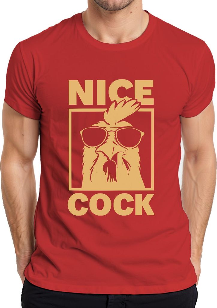 Nice Cock lustiger Hahn Sonnenbrille Bauernhof Geschenk Retro Herren T-Shirt, Rot, M