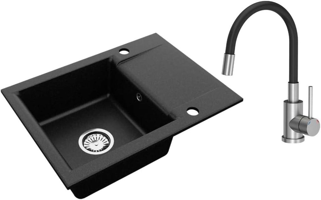 VBChome Granitspüle Schwarz 59 x 44 cm mit Armatur Einzelbecken Einbauspüle Reversibel Gesprenkelt Pflegeleichtes Spülbecken mit Siphon Küche