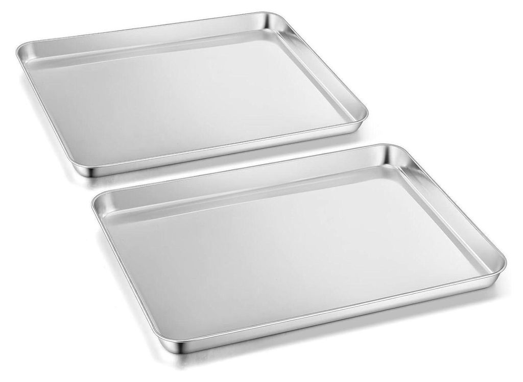 Two silver baking sheets are shown from a slightly elevated angle against a white background.