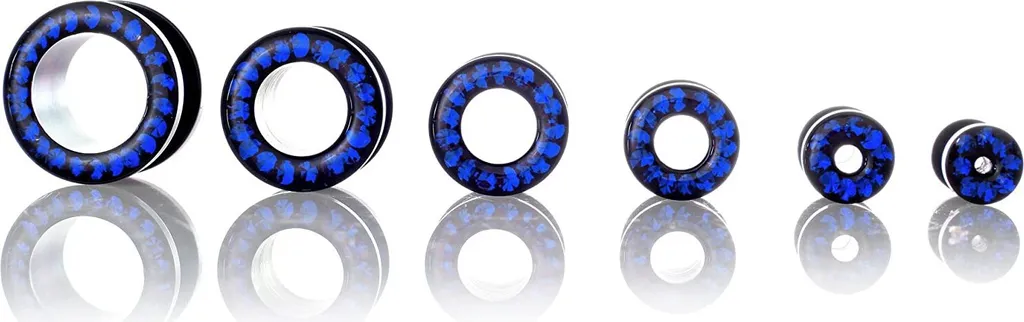 Piercing Tunnel a Vite 10mm Acciaio 316L Nero Cristalli Blu