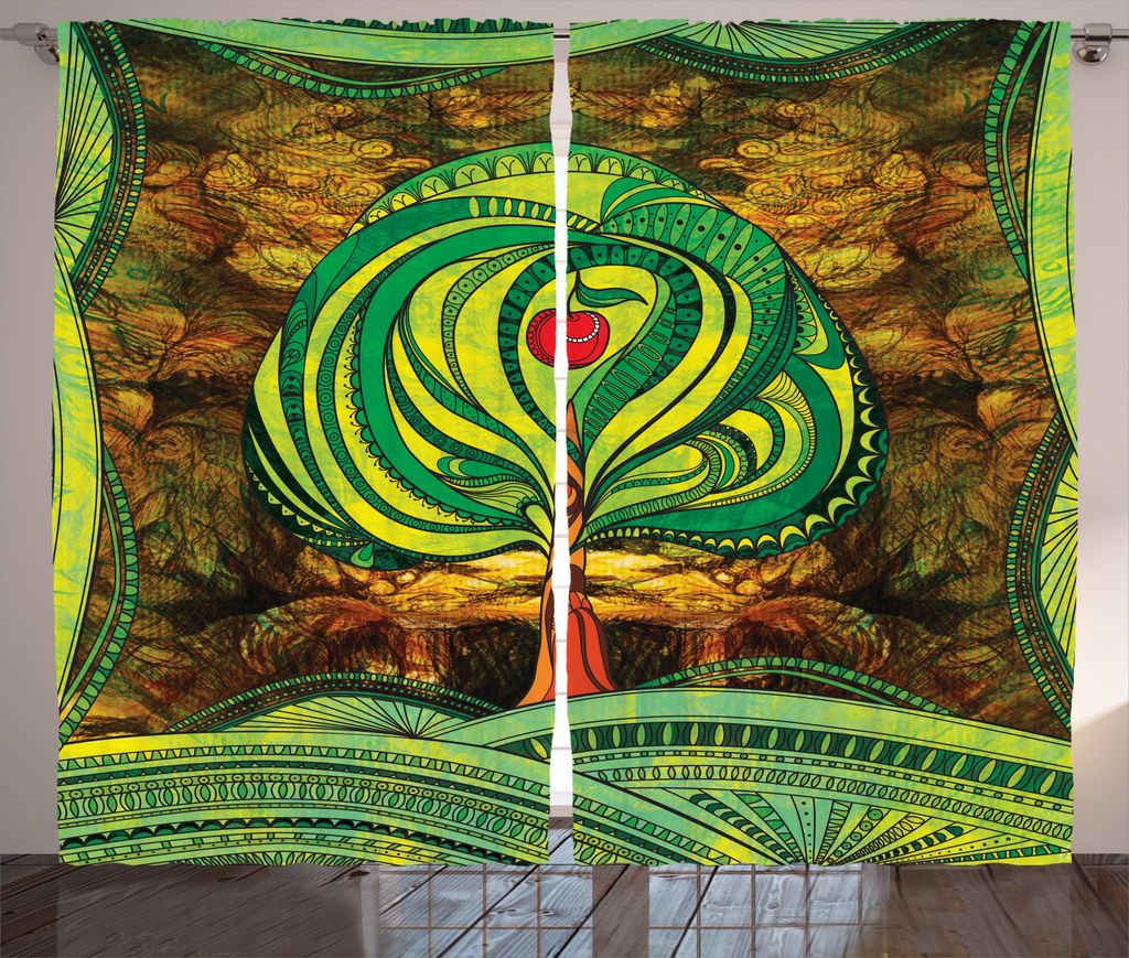 ABAKUHAUS Natur Rustikaler Gardine, Vivid Apfelbaum-Linien, Schlafzimmer Kräuselband Vorhang mit Schlaufen und Haken, 280 x 175 cm, Grün Braun