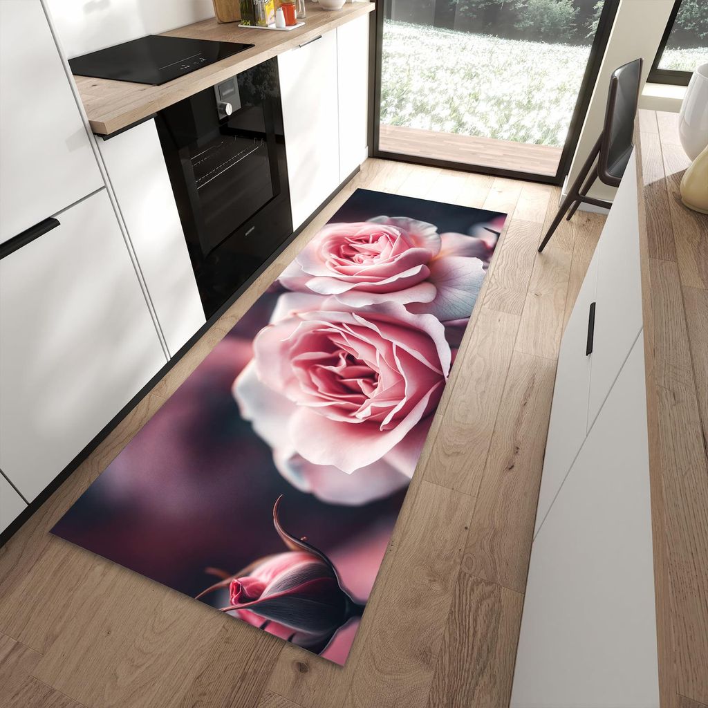 Küchenteppich 90x240cm rutschfest & abwischbar PVC Läufer - Rosenblüten Duo