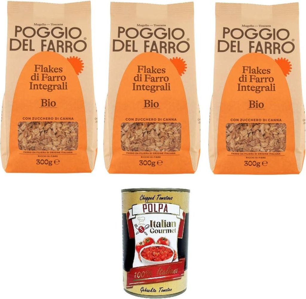 Poggio del Farro- Flakes di Farro Integrale Vollkorn-Dinkelflocken 3x300gr + Italian Gourmet polpa 400g