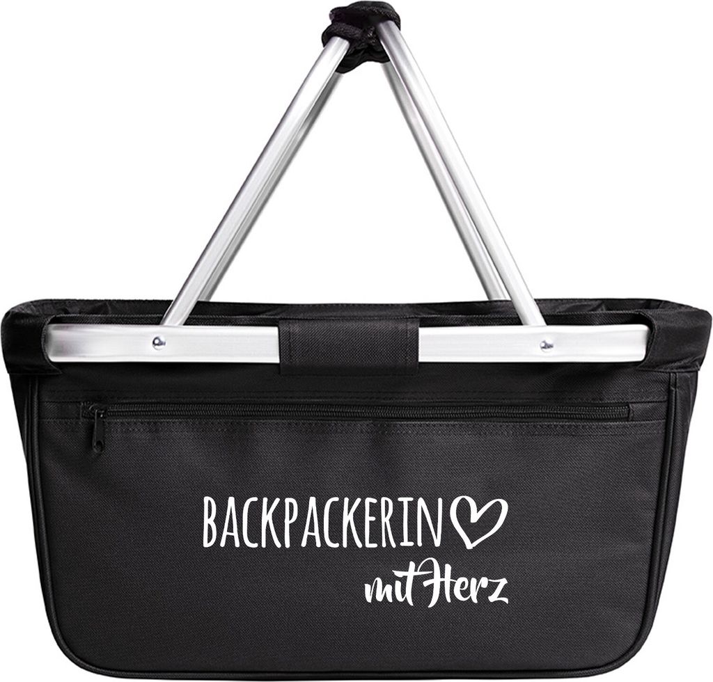 Huuraa Einkaufskorb Backpackerin mit Herz 20 Liter Black faltbarer Tragekorb Geschenkidee