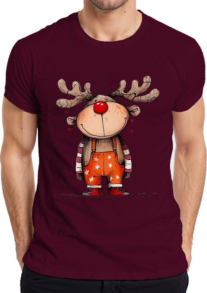 Niedliches Rentier mit roter Nase Rudolf Weihnachten Geschenk Herren T-Shirt, Burgundy, M