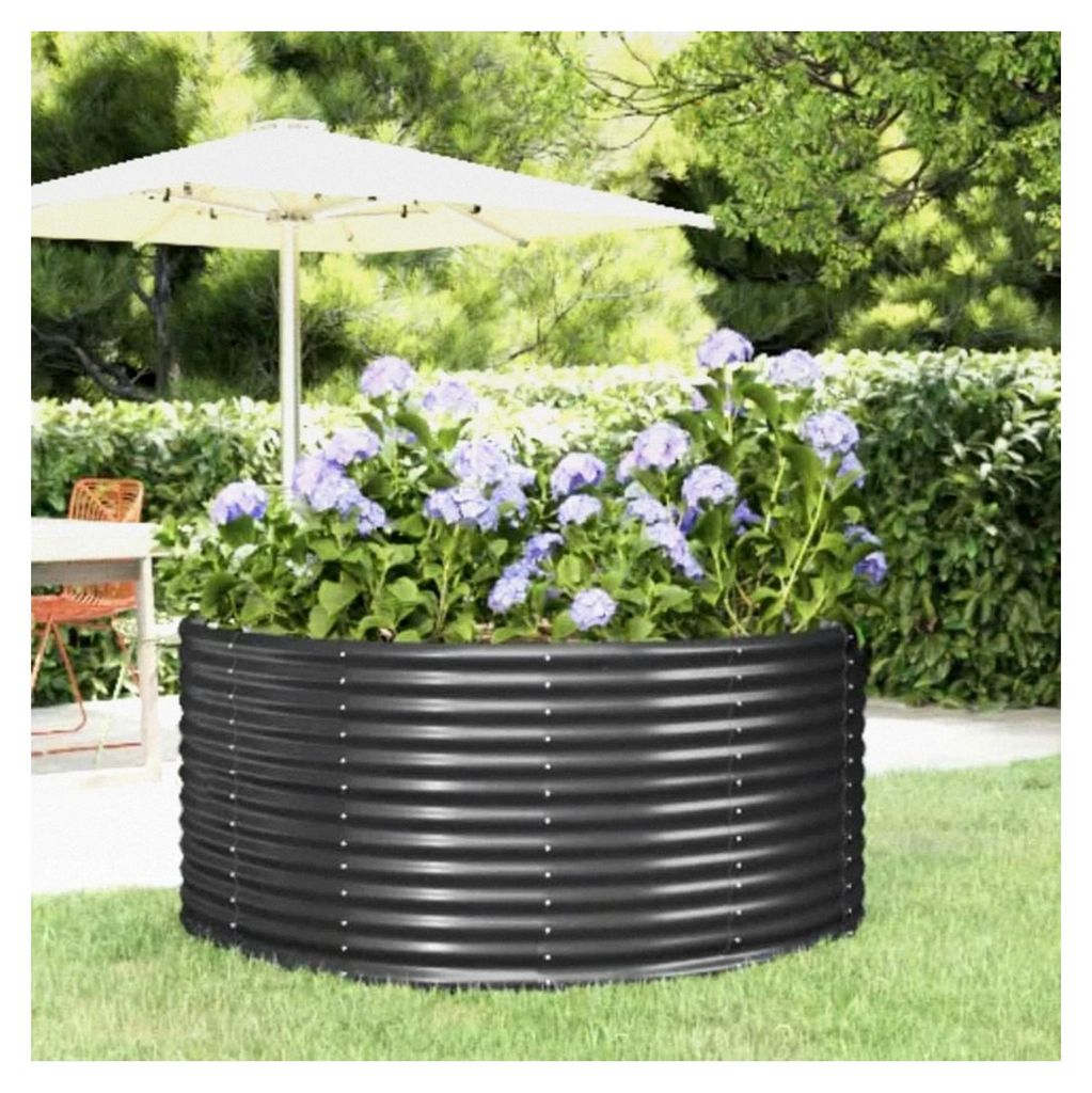 Hochbeet aus Metall 140 x 140 x 68 cm, ovale Pflanzkästen für den Außenbereich, Gartenpflanzkästen, Blumenbeete aus Stahl in Anthrazit