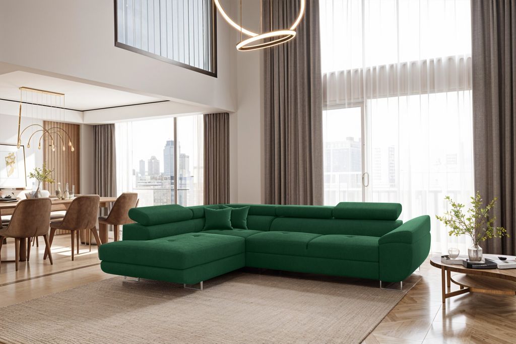 Kaiser Möbel Ecksofa FALIO L mit Schlaffunktion im modernen Stil für das Wohn- und Schlafzimmer Dunkelgrün Links