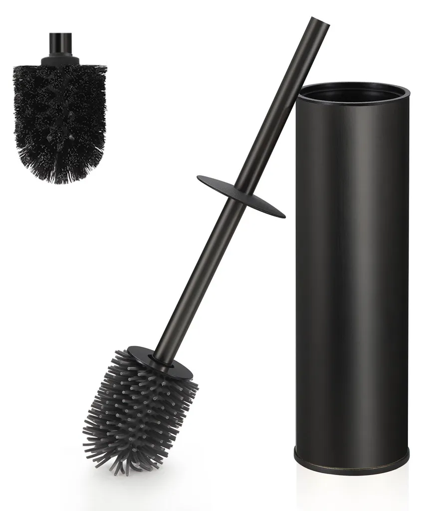 Brosse WC noire avec support en métal et double tête de nettoyage 40cm