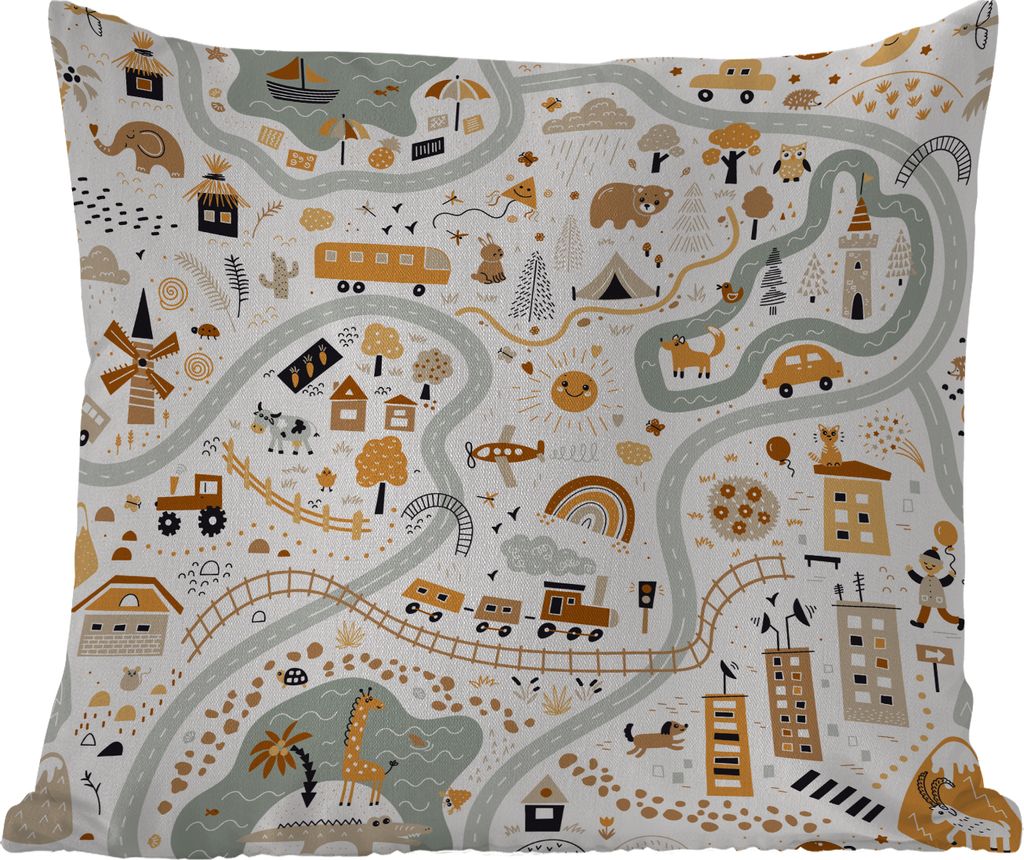 MuchoWow Outdoor Kissen - Auto - Tiere - Kinder - Straßen - 50x50 cm - Wetterfest - Lounge Kissen - Komfortabel - Kissen mit Bild