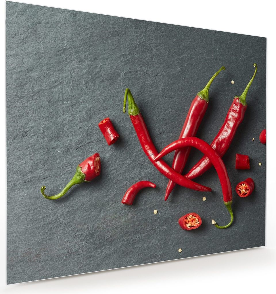 Glasbild Wandbild Chili ganz und gehackt 60x50cm in XXL für Wohnzimmer, Schlafzimmer, Badezimmer, Flur