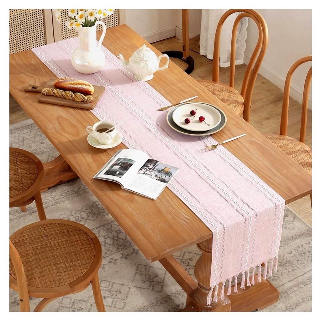 Rustikaler Tischläufer mit Quasten, 33x123cm, Landhausstil, Boho-Design, geflochten gestreift, Tischdekoration aus Leinen und Polyester für Essen...
