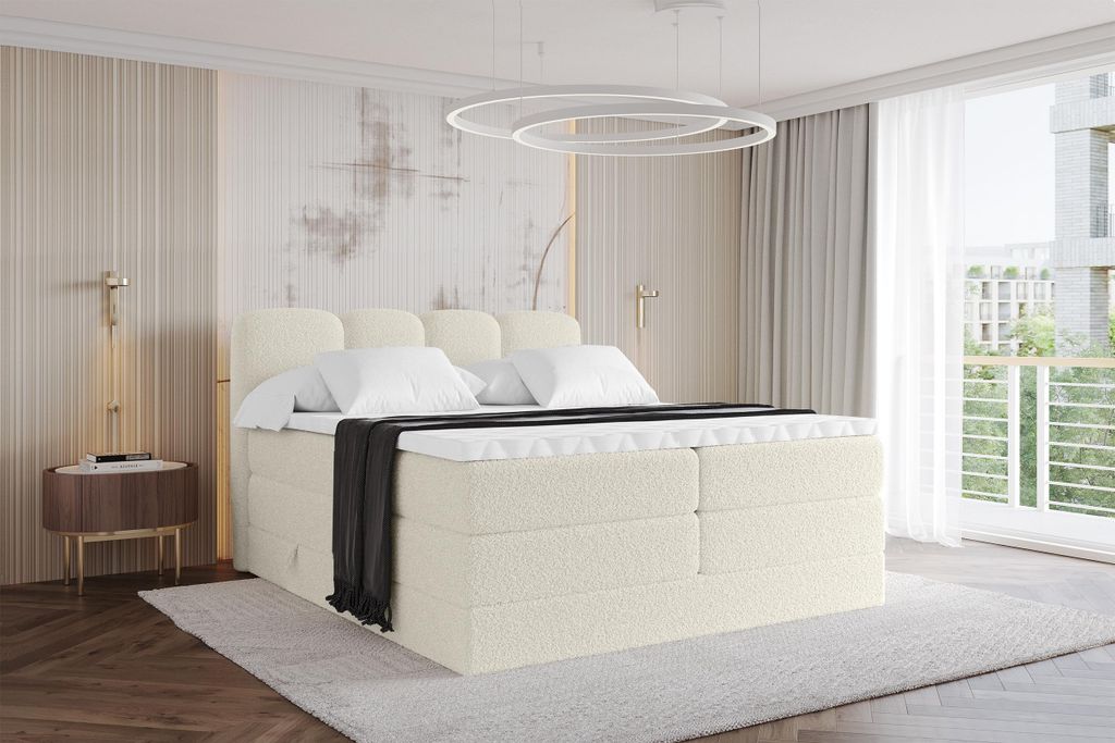 ALTDECOR Boxspringbett - H3/H4 Matratze und Topper - NINA KING - 140x200 - Beige - Doppelbett, Boxbett, Polsterbett mit Bettkasten mit Stauraum und...