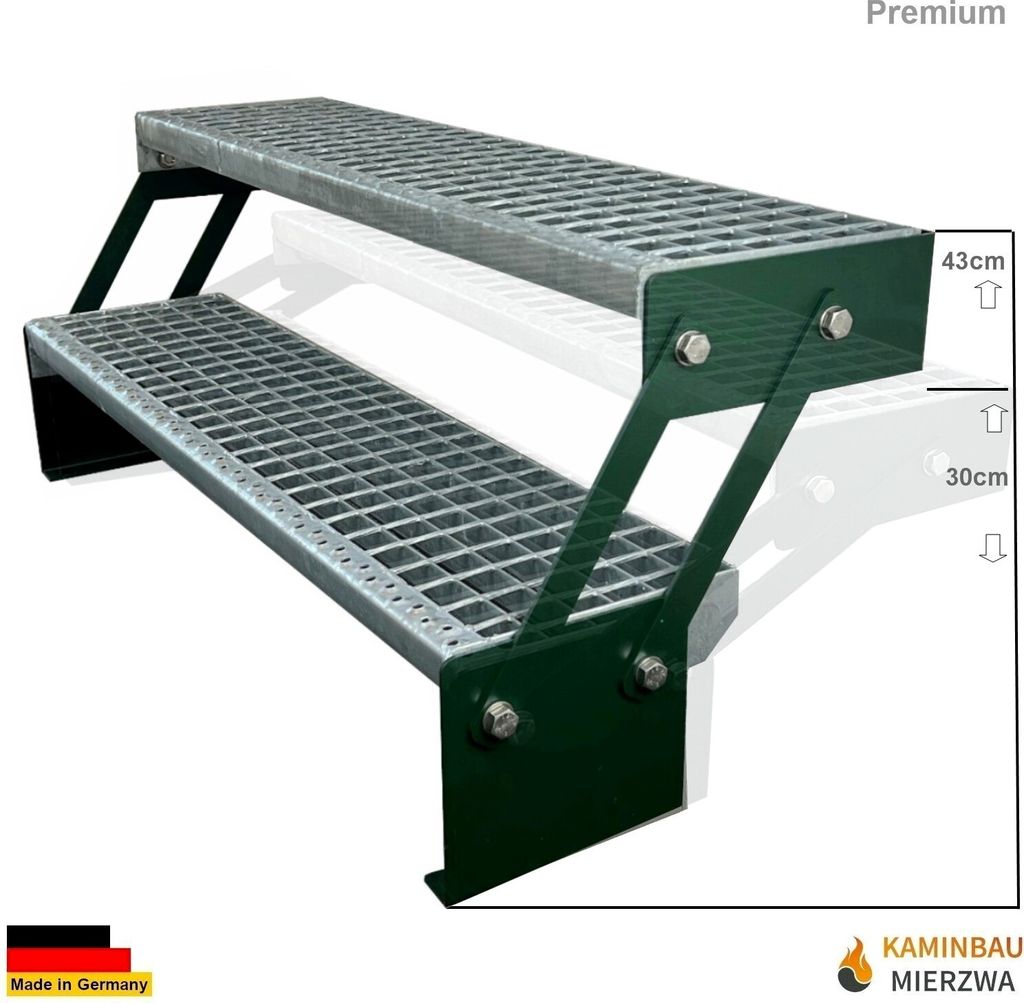 Gitterrost Stahl Wangentreppe 2 Stufen Verstellbar Verzinkt & Grün Pulverlackierte Wangen Breite 140cm x Höhe Verstellbar 30-43 cm