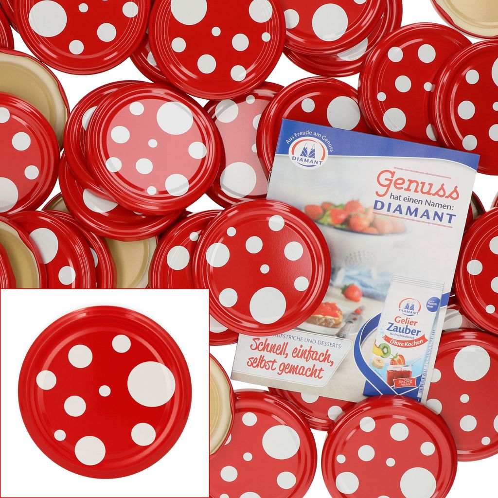 A collection of red and white polka dot jar lids, with a brochure and a small packet of jelly powder.