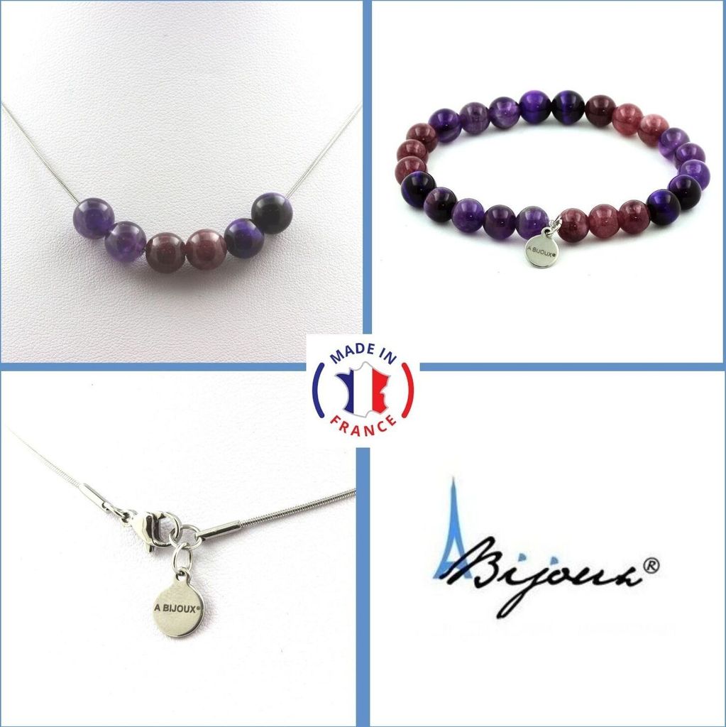 Lila Tigerauge Perlen Halskette Armband Set + Amethyst + Lepidolit 8 mm Edelstahlkette
