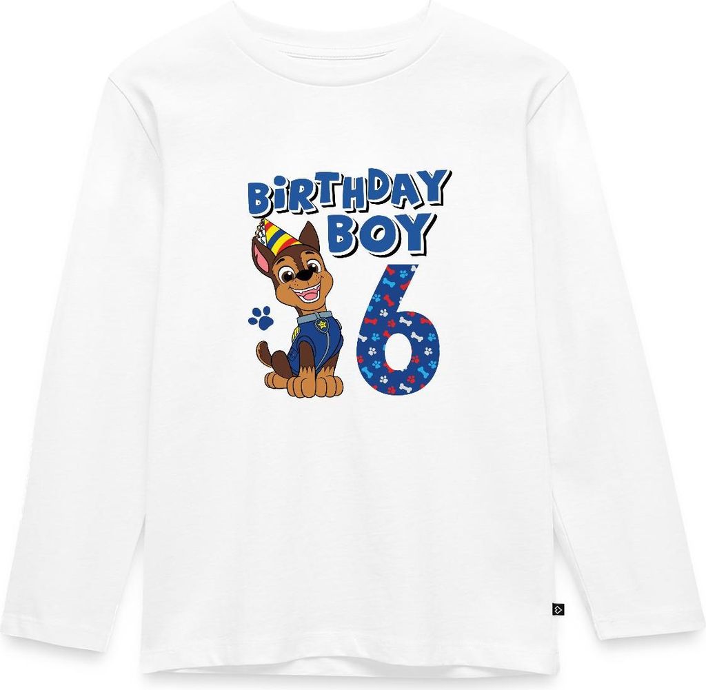 Spreadshirt Paw Patrol Geschenk 6 Jahre Alt 6. Geburtstag Chase Kinder Premium Langarmshirt, 134/140 (8 Jahre), Weiß