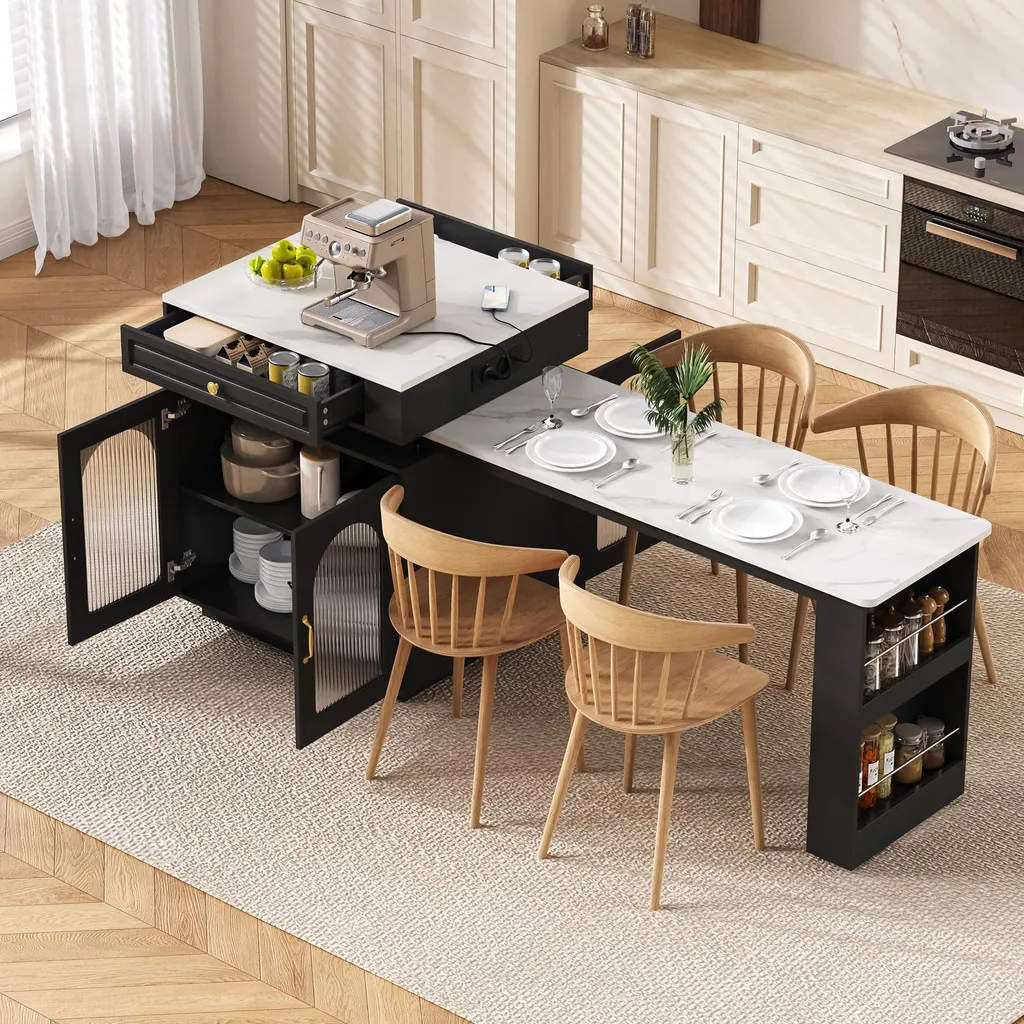 Îlot de cuisine mobile avec multiprise et table à rallonge noire