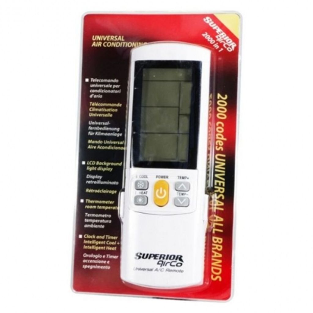 A white universal air conditioner remote control is displayed in its retail packaging.
