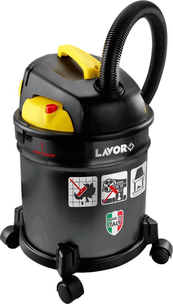 A black and yellow Lavor vacuum cleaner is shown against a white background.