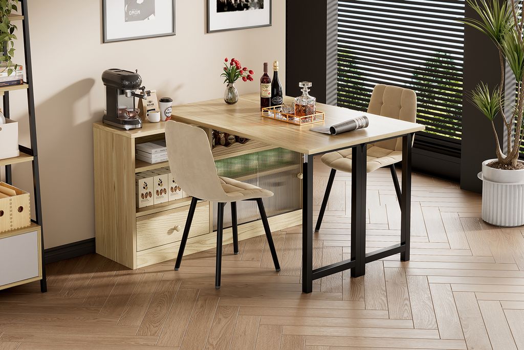 Flieks ausziehbarer Schreibtisch, Klapptisch mit großem Stauraum, 360° drehbare Bartisch, Esstisch Küchentisch mit Schrank, Holzfarbe