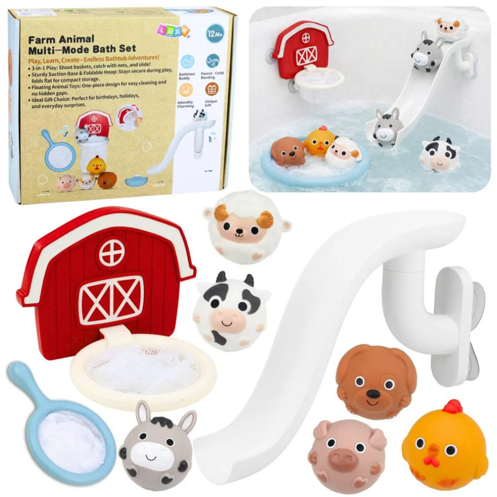 Jouets pour le bain bébé animaux ferme avec panier de rangement 10 pièces