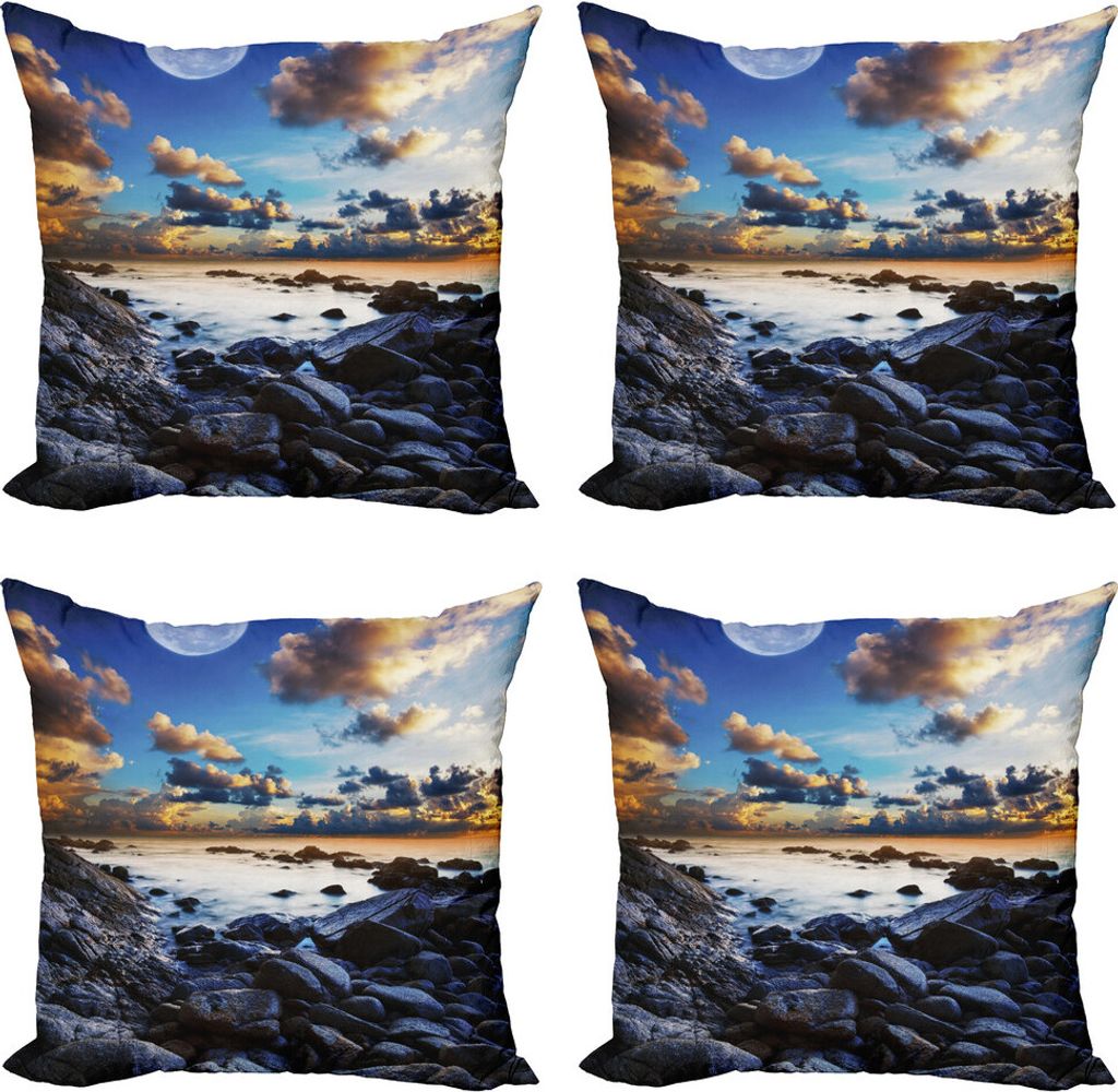 ABAKUHAUS Ozean Kissenbezug Set (4 Stück), Vollmond Dunkle Wolken, Moderner Doppelseitiger Digitaldruck, 40 cm x 40 cm, Blau Orange Schwarz