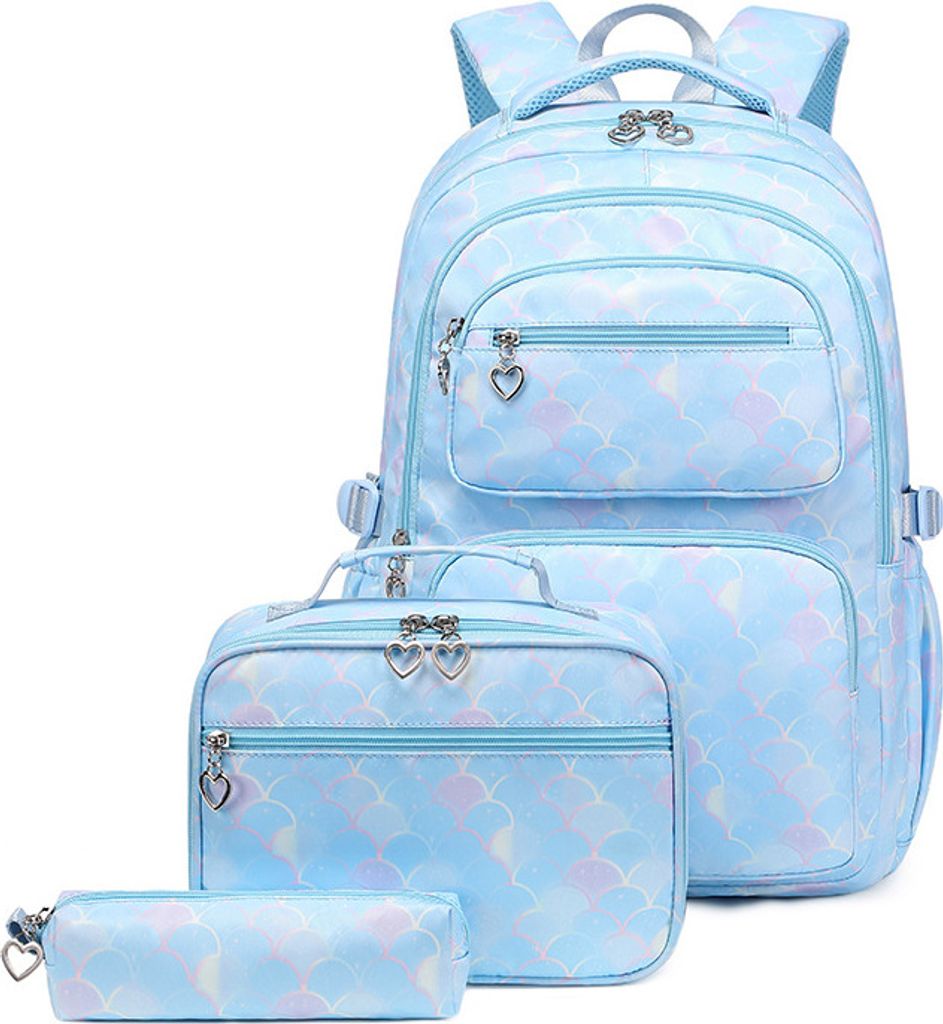Schulrucksack Mädchen 3 teilig mit Lunchtasche Federmäppchen,Leichtgewicht Schultasche für Schule Reisen, blau
