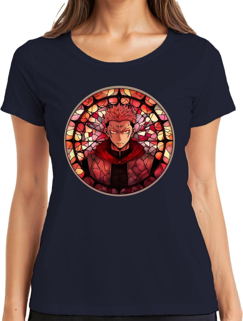 Anime Ästhetik Dämonenkrieger Rote Augen Buntglas Stil Manga düster Damen T-Shirt, Navy, M