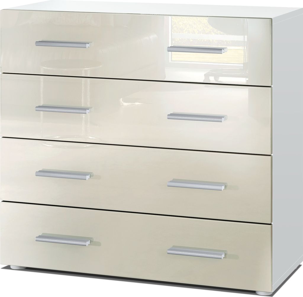 Vladon Sideboard Pavos, Kommode mit 4 Schubladen, Weiß matt/Creme Hochglanz (76 x 72 x 35 cm)
