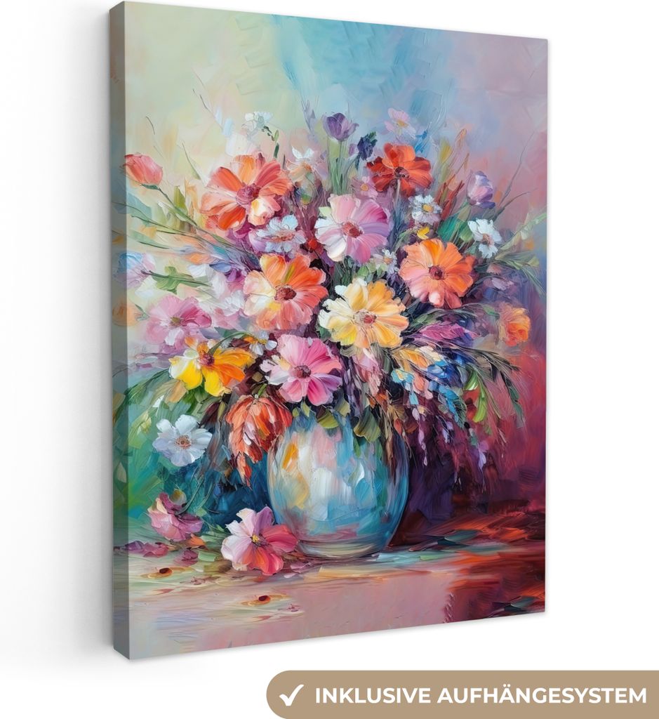 MuchoWow - Leinwandbilder - Blumen - Kunst - Malerei - Frühling - Blumenstrauß, Wandbild, Wanddeko Bilder Wohnzimmer, 90x120 cm