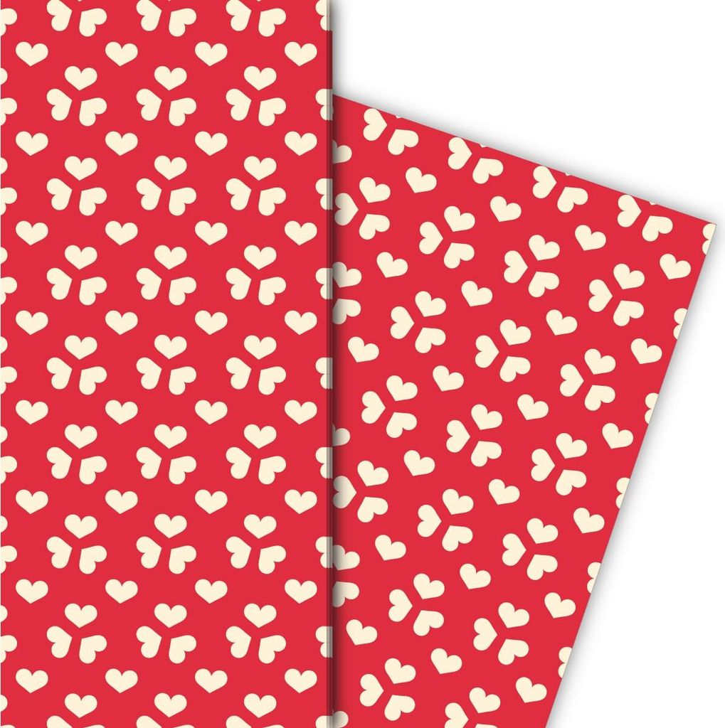 Romantisches Liebes Geschenkpapier mit Herzen in Klee Formation auf rot - G7633, 32 x 48cm