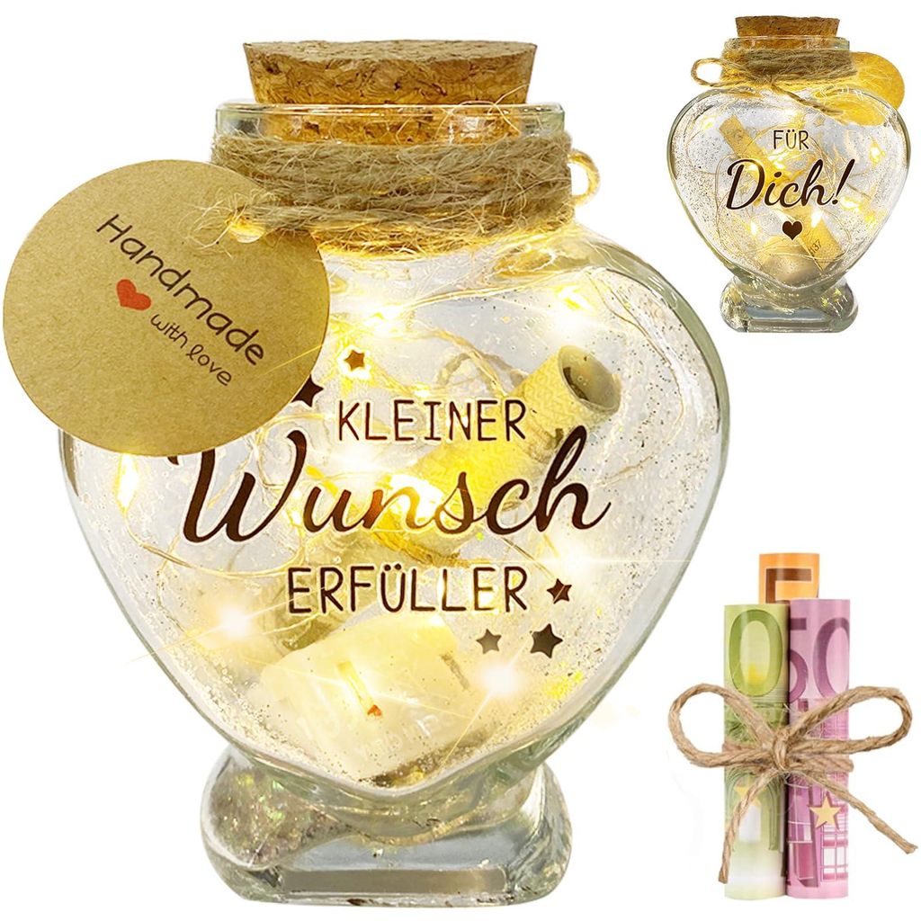 Dekorative, herzförmige Flasche mit Korken, Pailletten und LED-Lichterkette für Geldgeschenke