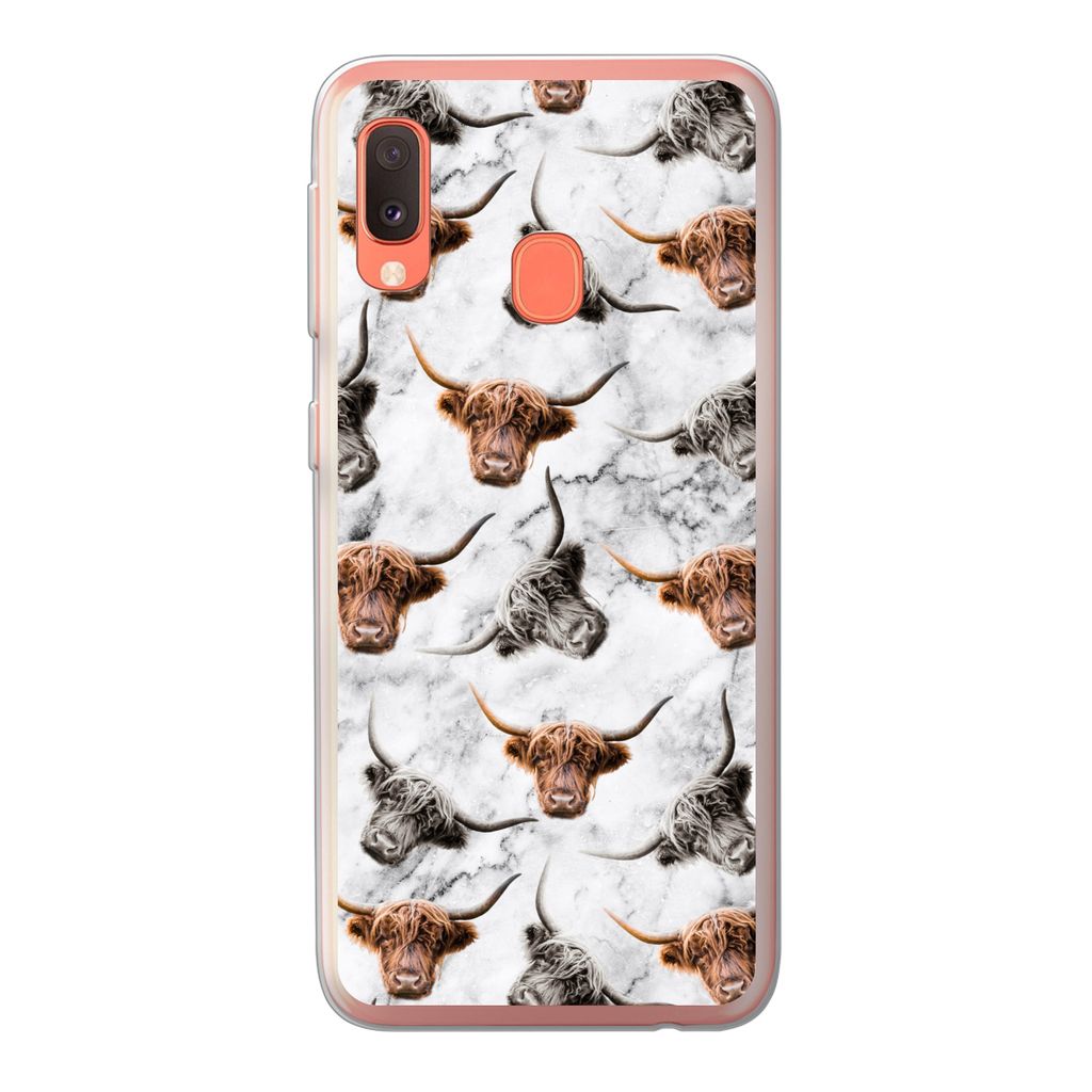 MuchoWow Handyhülle Schutzhülle Hülle für Samsung Galaxy A20e Schottischer Highlander - Kuh - Marmor Silikon Softcase Handy Hülle - Abdeckung
