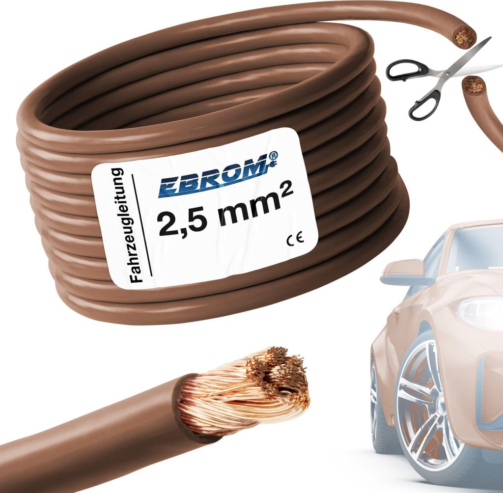 20 Meter EBROM FLRY 2,5mm2 Fahrzeugleitung - KFZ Leitung - Farbe: braun - Querschnitt 2,5 mm² (mm2) flexibel 90 ± 5 Shore 99,99% Kupfer Mantel PV...