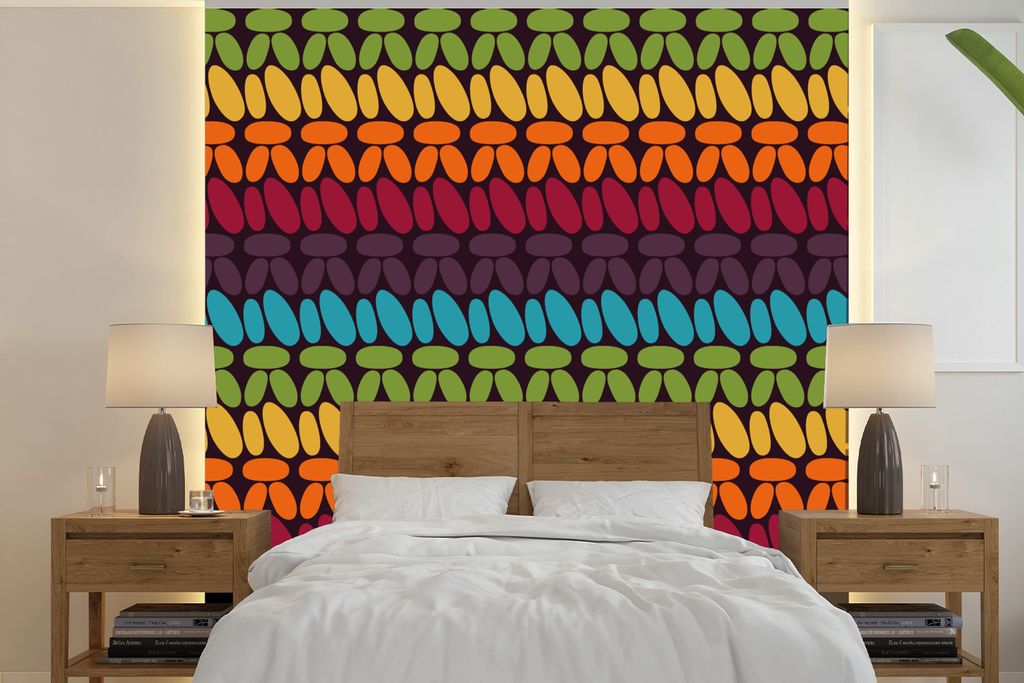 MuchoWow Fototapete für Wohnzimmer oder Schlafzimmer Wandtapete Vinyl Motivtapete Häkelmuster - Retro - Regenbogen - 300x300 cm - Wanddekoration