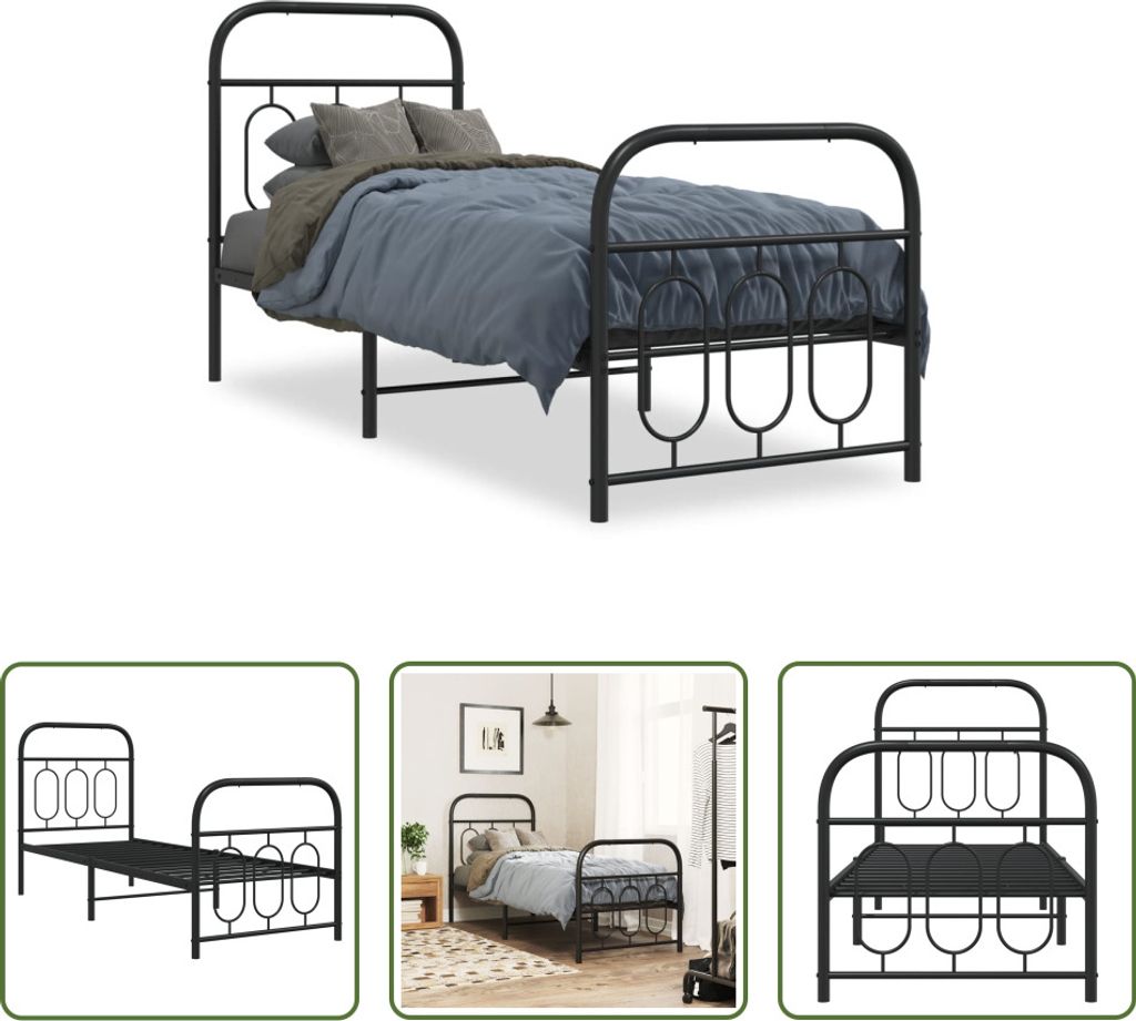 The Living Store Bettgestell mit Kopf- und Fußteil Metall Schwarz 75x190 cm