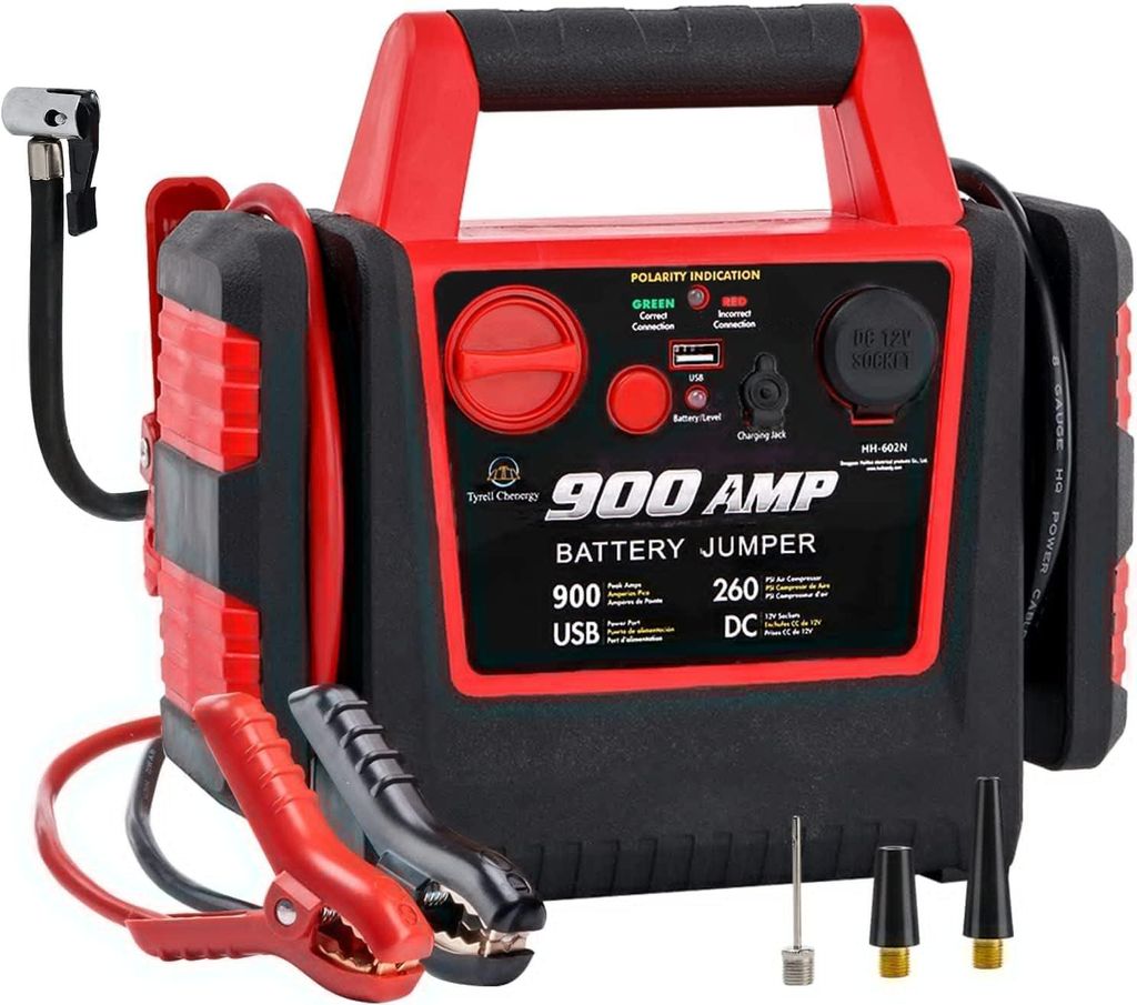 Auto Jump Starter Power Pack Luftkompressor, 900A 12V Ultrasafe Blei-Säure-Batterie-Booster-Pack, Bankladegerät USB-Sockel DC Sockel, 150psi Reifen