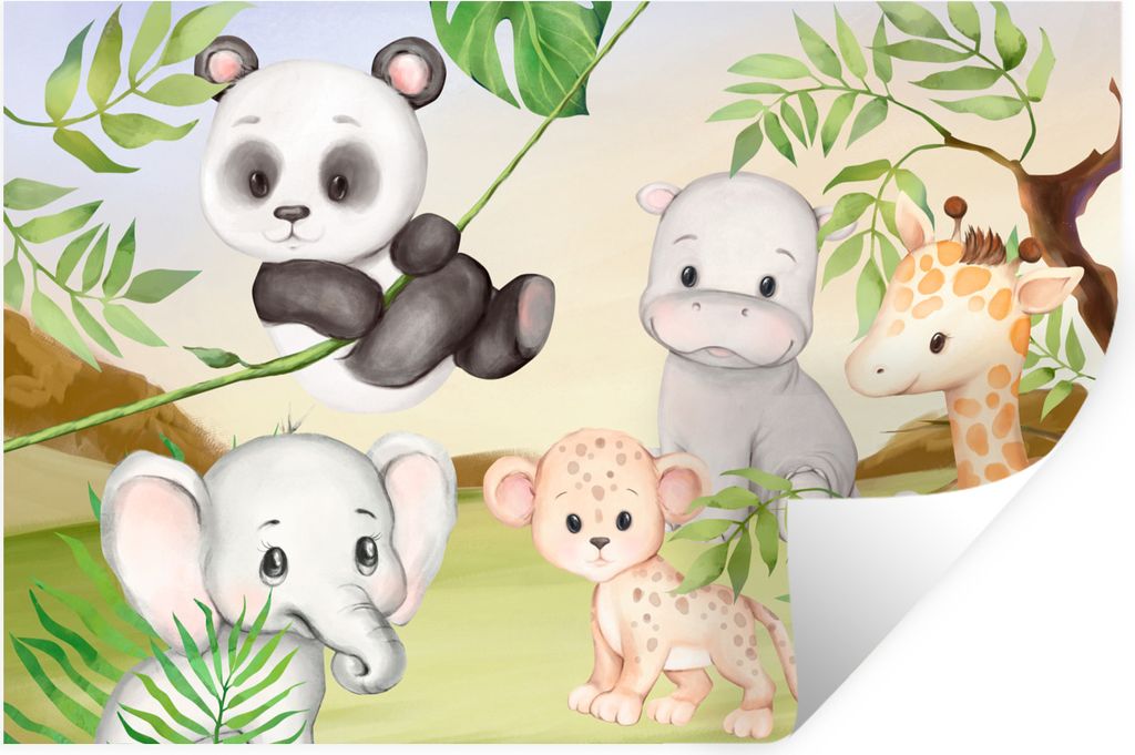 MuchoWow Wandtattoo Wandsticker Wandaufkleber Dschungeltiere - Kinder - Panda 90x60 cm Selbstklebend und Repositionierbar - Aufkleber