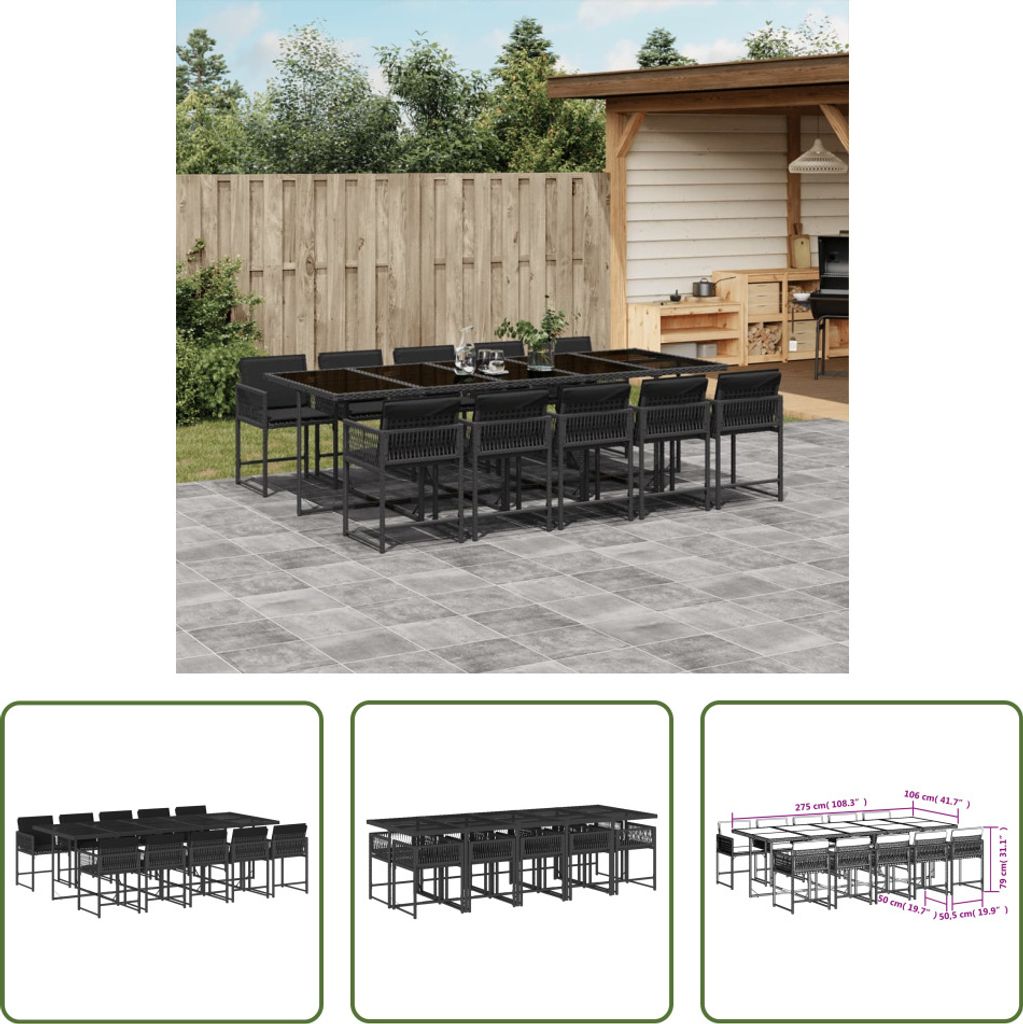 The Living Store 11-tlg. Garten-Essgruppe mit Kissen Schwarz Poly Rattan