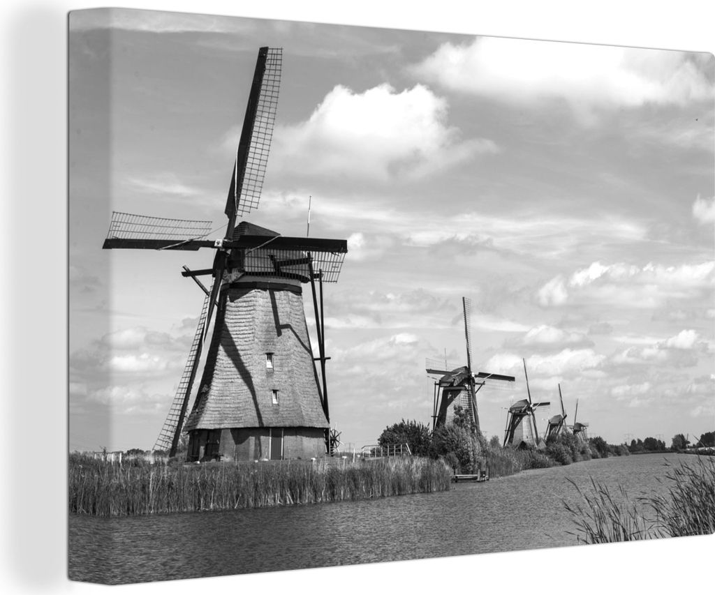 OneMillionCanvasses - Leinwandbilder - 140x90 cm, Windmühle - Holland - Wasser - Schwarz - Weiß, Wandbilder Kunstdruck Wanddekoration