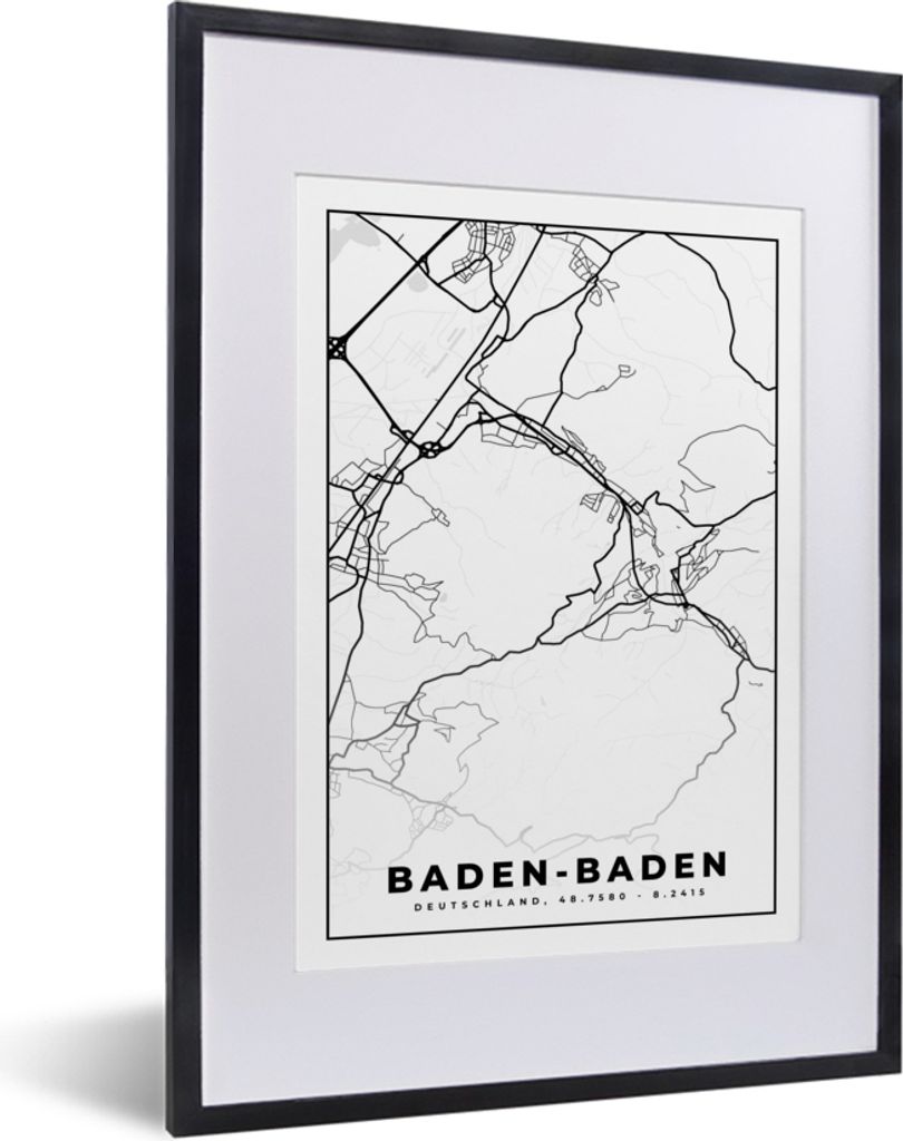 MuchoWow Gerahmtes Poster Baden-Baden - Karte - Stadtplan 30x40 cm - Poster mit Schwarzem Bilderrahmen Wandposter Rahmen Foto Bilder - Wandposter...